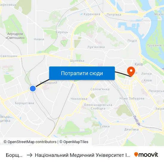 Борщагівка to Національний Медичний Університет Імені О. О. Богомольця map