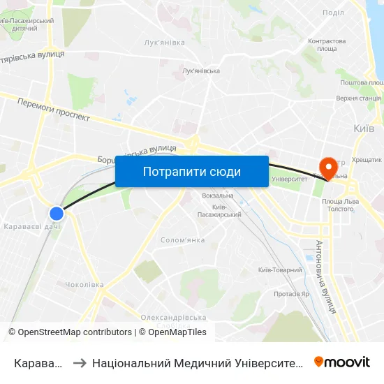 Караваєві Дачі to Національний Медичний Університет Імені О. О. Богомольця map