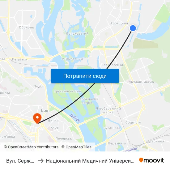 Вул. Сержа Лифаря to Національний Медичний Університет Імені О. О. Богомольця map