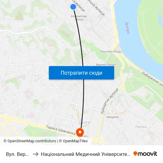 Вул. Верхній Вал to Національний Медичний Університет Імені О. О. Богомольця map