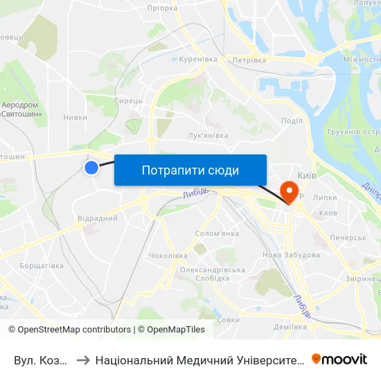 Вул. Козелецька to Національний Медичний Університет Імені О. О. Богомольця map