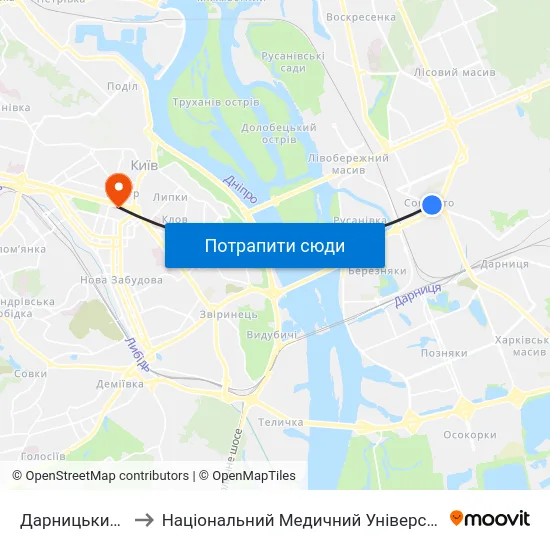 Дарницький Універмаг to Національний Медичний Університет Імені О. О. Богомольця map