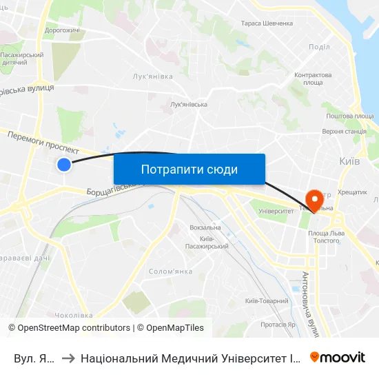 Вул. Янгеля to Національний Медичний Університет Імені О. О. Богомольця map