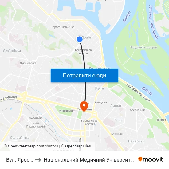 Вул. Ярославська to Національний Медичний Університет Імені О. О. Богомольця map