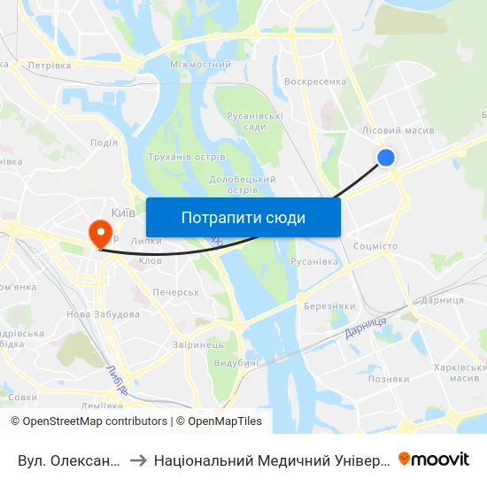 Вул. Олександра Бойченка to Національний Медичний Університет Імені О. О. Богомольця map