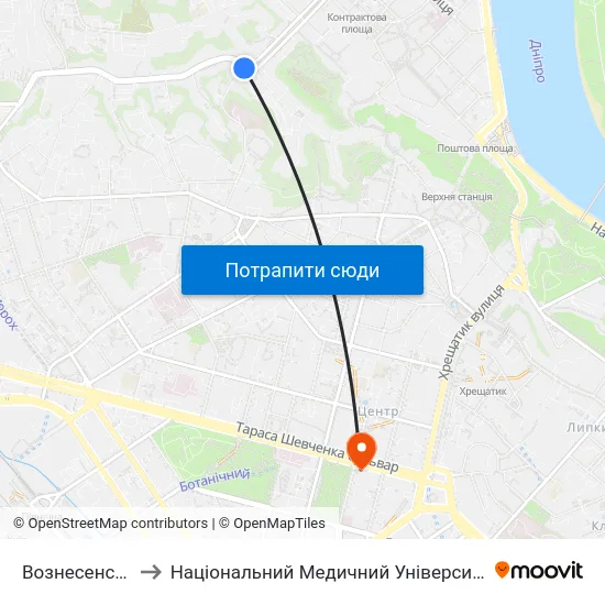 Вознесенський Узвіз to Національний Медичний Університет Імені О. О. Богомольця map