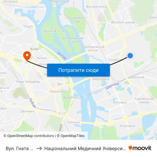 Вул. Гната Хоткевича to Національний Медичний Університет Імені О. О. Богомольця map