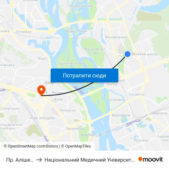 Пр. Алішера Навої to Національний Медичний Університет Імені О. О. Богомольця map