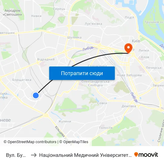Вул. Булгакова to Національний Медичний Університет Імені О. О. Богомольця map