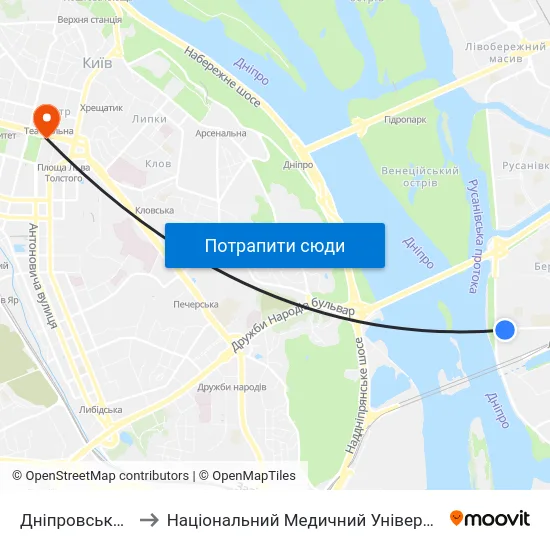 Дніпровська Набережна to Національний Медичний Університет Імені О. О. Богомольця map