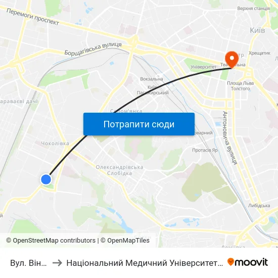 Вул. Вінницька to Національний Медичний Університет Імені О. О. Богомольця map
