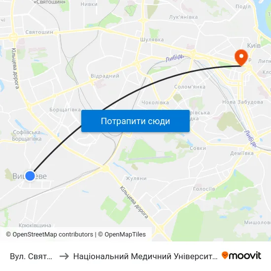 Вул. Святошинська to Національний Медичний Університет Імені О. О. Богомольця map
