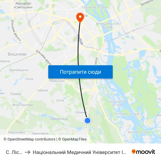 С. Лісники to Національний Медичний Університет Імені О. О. Богомольця map