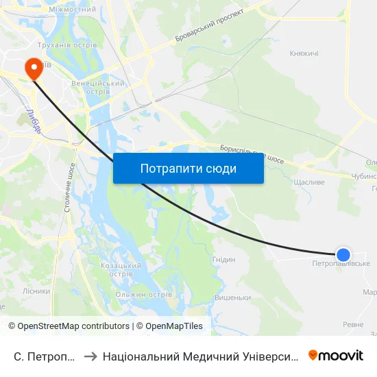 С. Петропавлівське to Національний Медичний Університет Імені О. О. Богомольця map