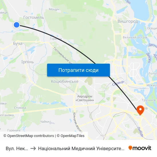 Вул. Некрасова to Національний Медичний Університет Імені О. О. Богомольця map