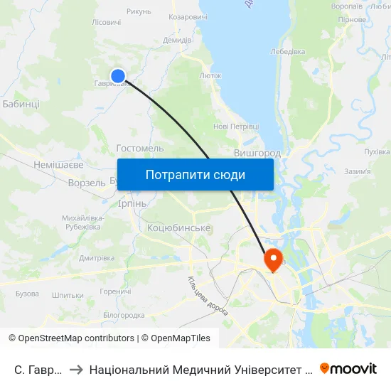 С. Гаврилівка to Національний Медичний Університет Імені О. О. Богомольця map