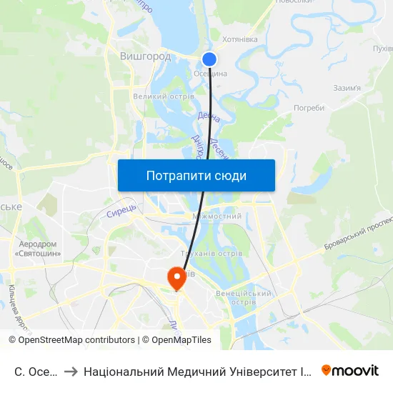 С. Осещина to Національний Медичний Університет Імені О. О. Богомольця map