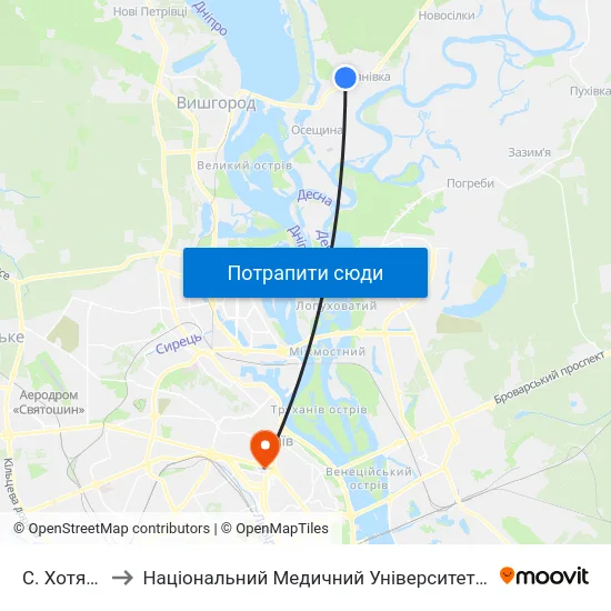 С. Хотянівка-1 to Національний Медичний Університет Імені О. О. Богомольця map