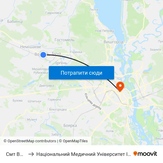 Смт Ворзель to Національний Медичний Університет Імені О. О. Богомольця map