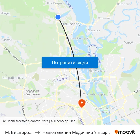 М. Вишгород (Дідовиця) to Національний Медичний Університет Імені О. О. Богомольця map