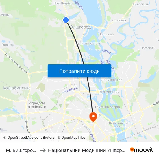 М. Вишгород (Дідовиця) to Національний Медичний Університет Імені О. О. Богомольця map