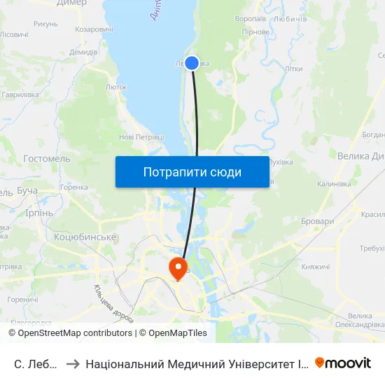 С. Лебедівка to Національний Медичний Університет Імені О. О. Богомольця map