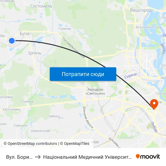 Вул. Бориса Гмирі to Національний Медичний Університет Імені О. О. Богомольця map