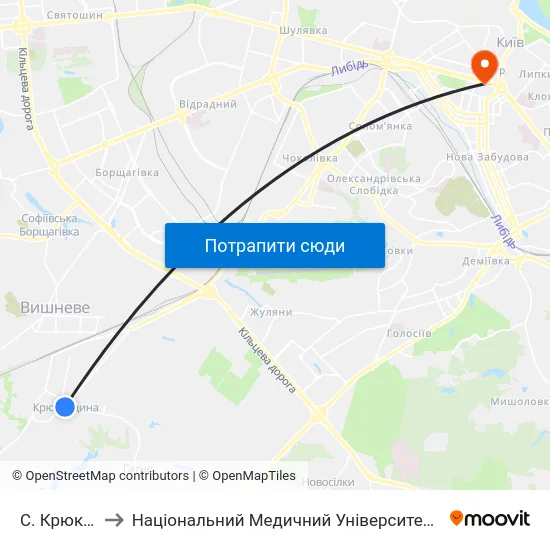 С. Крюківщина to Національний Медичний Університет Імені О. О. Богомольця map