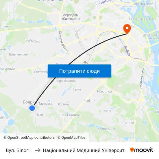 Вул. Білогородська to Національний Медичний Університет Імені О. О. Богомольця map