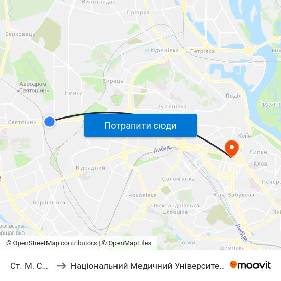 Ст. М. Святошин to Національний Медичний Університет Імені О. О. Богомольця map