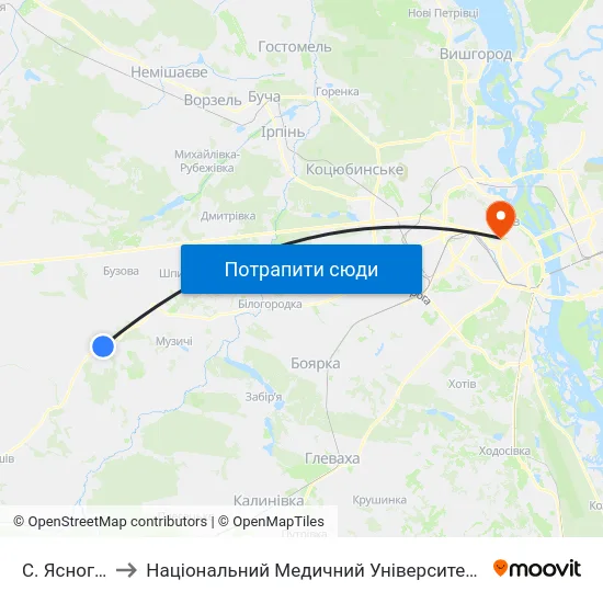 С. Ясногородка to Національний Медичний Університет Імені О. О. Богомольця map