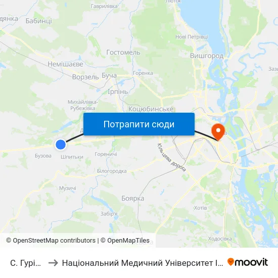 С. Гурівщина to Національний Медичний Університет Імені О. О. Богомольця map