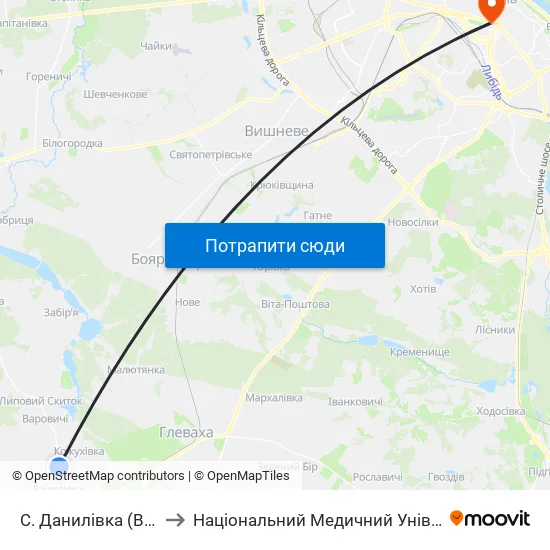 С. Данилівка (Вул. Пролетарська) to Національний Медичний Університет Імені О. О. Богомольця map