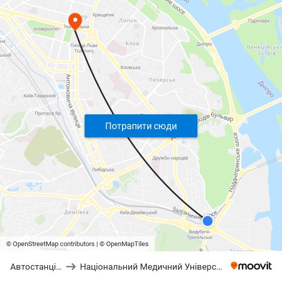 Автостанція Видубичi to Національний Медичний Університет Імені О. О. Богомольця map