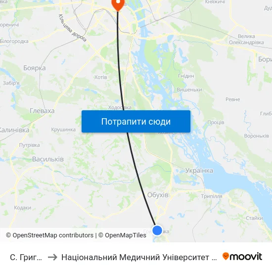 С. Григорівка to Національний Медичний Університет Імені О. О. Богомольця map