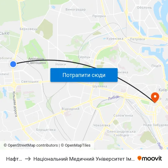 Нафтовик to Національний Медичний Університет Імені О. О. Богомольця map