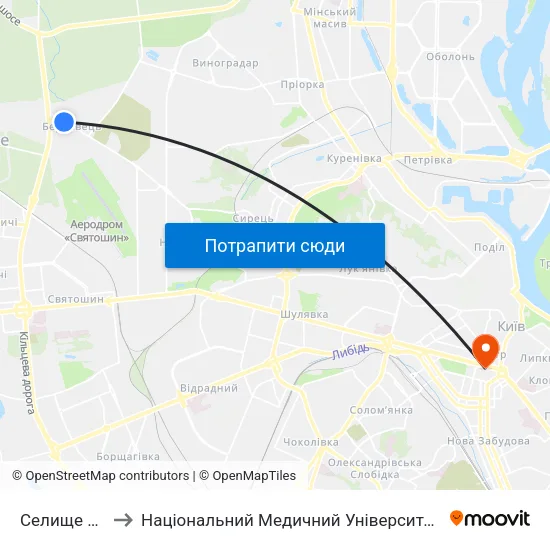 Селище Берковці to Національний Медичний Університет Імені О. О. Богомольця map