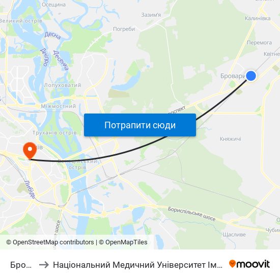 Бровари to Національний Медичний Університет Імені О. О. Богомольця map