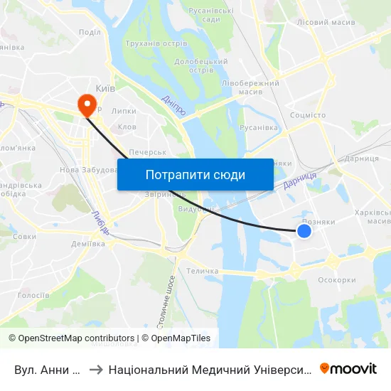 Вул. Анни Ахматової to Національний Медичний Університет Імені О. О. Богомольця map