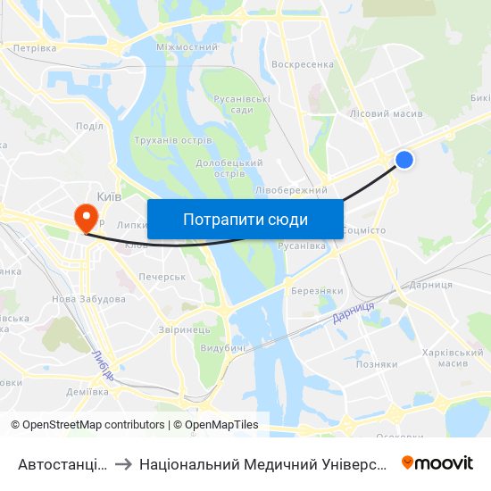 Автостанція Дарниця to Національний Медичний Університет Імені О. О. Богомольця map