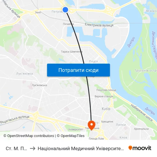 Ст. М. Почайна to Національний Медичний Університет Імені О. О. Богомольця map
