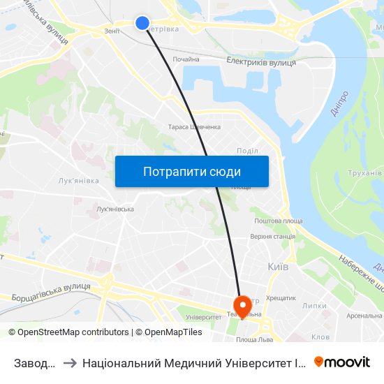 Завод Маяк to Національний Медичний Університет Імені О. О. Богомольця map
