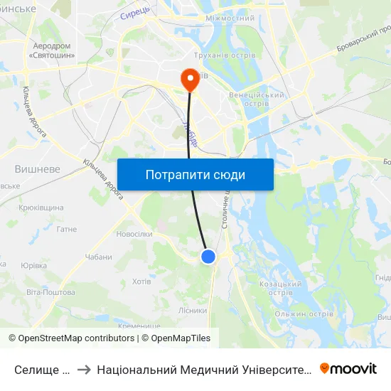 Селище Пирогів to Національний Медичний Університет Імені О. О. Богомольця map