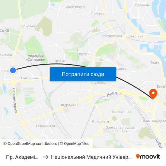 Пр. Академіка Палладіна to Національний Медичний Університет Імені О. О. Богомольця map