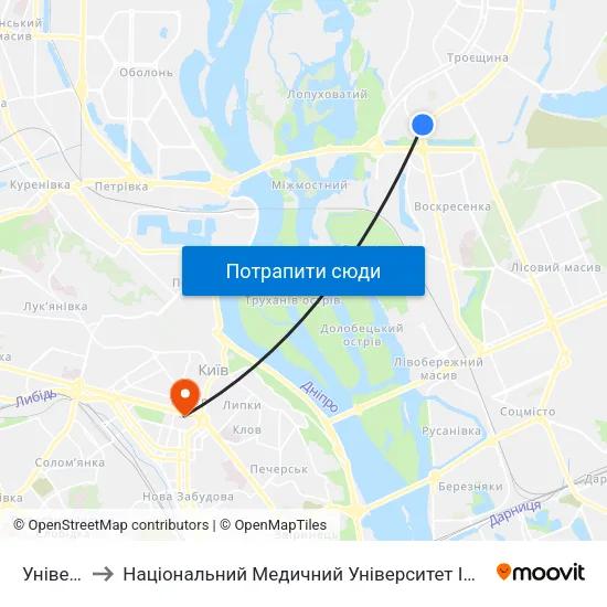 Універсам to Національний Медичний Університет Імені О. О. Богомольця map