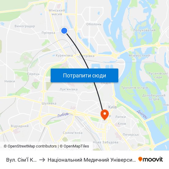 Вул. Сім'Ї Кульженків to Національний Медичний Університет Імені О. О. Богомольця map