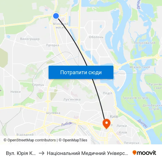 Вул. Юрія Кондратюка to Національний Медичний Університет Імені О. О. Богомольця map
