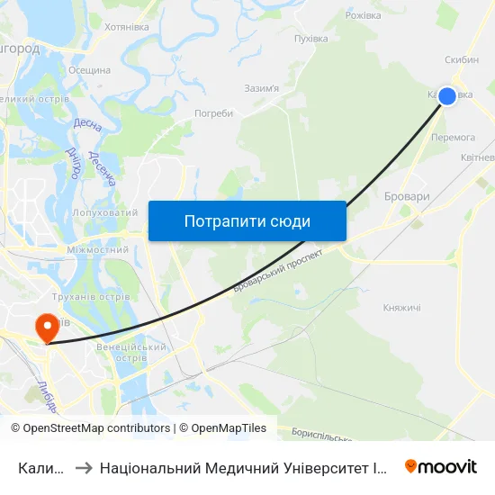 Калинівка to Національний Медичний Університет Імені О. О. Богомольця map
