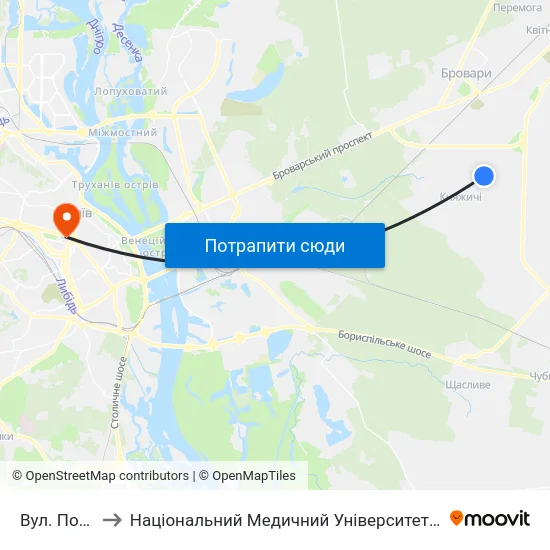 Вул. Поповича to Національний Медичний Університет Імені О. О. Богомольця map