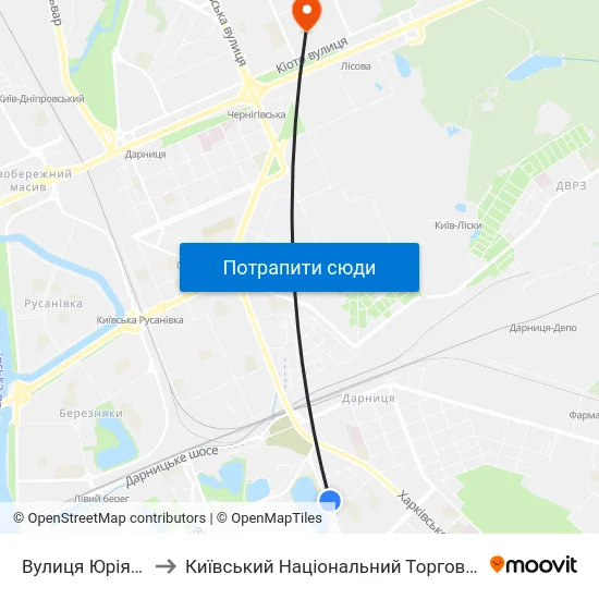 Вулиця Юрія Литвинського to Київський Національний Торговельно-Економічний Університет map